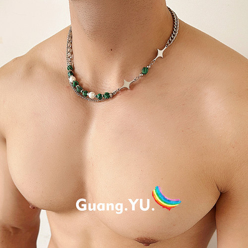 GuangYu黑纹绿石星芒叠戴项链男