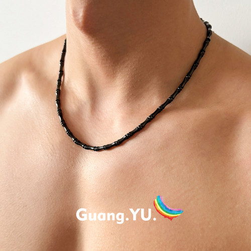 GuangYu黑色竹节钛钢项链男新中式复古小众简约素链百搭锁骨链潮