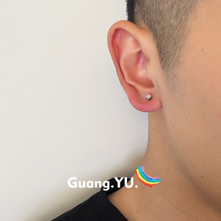 GuangYu简约小方块耳钉男养耳洞小众银色小巧耳棒单只耳饰冷淡风