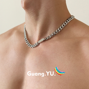 GuangYu潮牌嘻哈古巴项链男款高级感钛钢链条简约百搭配饰锁骨链