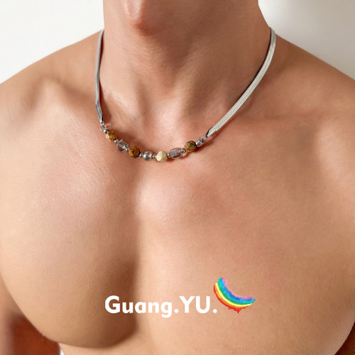 GuangYu美拉德串珠钛钢项链男刀片链拼接锁骨链女新中式小众复古