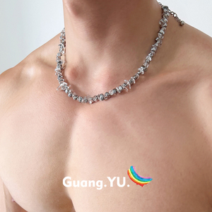 GuangYu水晶石项链男粗款高级感不规则串珠重工设计小众配饰潮流