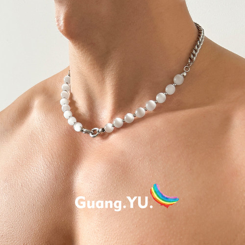 GuangYu白色猫眼石串珠项链男款