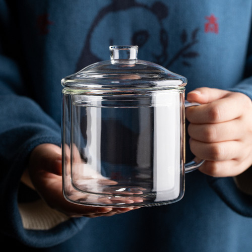 双层玻璃水杯带盖隔热复古咖啡杯