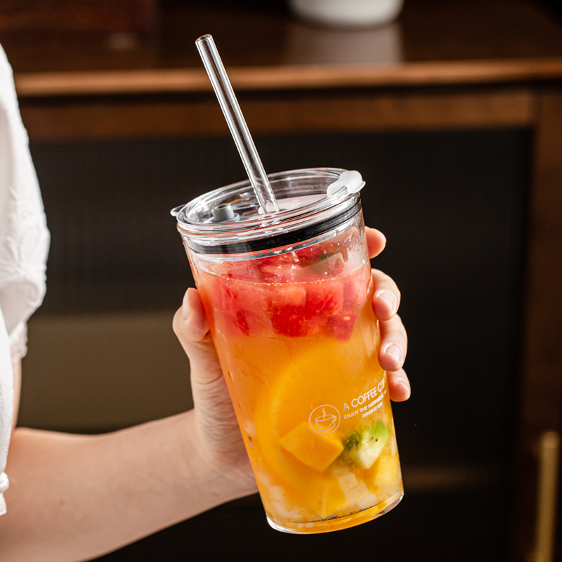 网红带盖少女心带吸管杯ins风 喝水杯子高级感大人透明成人玻璃杯