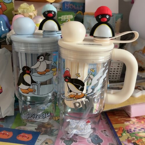 全新kkv企鹅pingu两用杯立体公仔吸管杯茶隔冷水杯茶杯760ml手拿