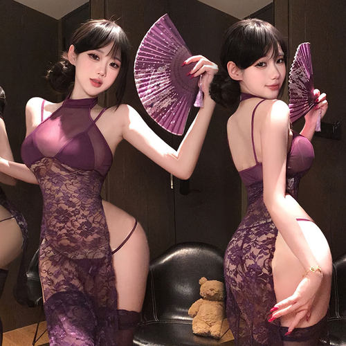 姬GILL内衣蕾丝旗袍高开叉吊带裙性感透视黑丝女睡衣露胸制服套装