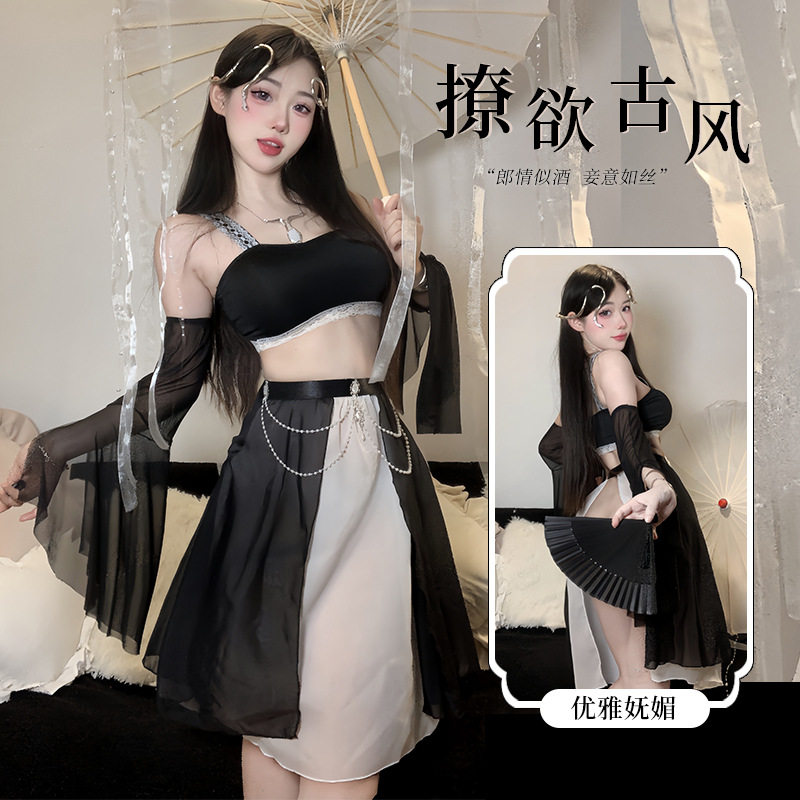 古风汉服性感透视内衣纯欲睡裙酒吧夜店蕾丝流苏国风制服套装2923