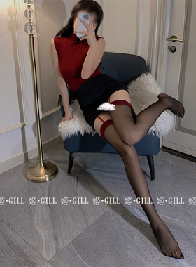 姬Gill：做你的猫性感吊带一体袜红色丝袜女撞色红边黑丝长筒超薄