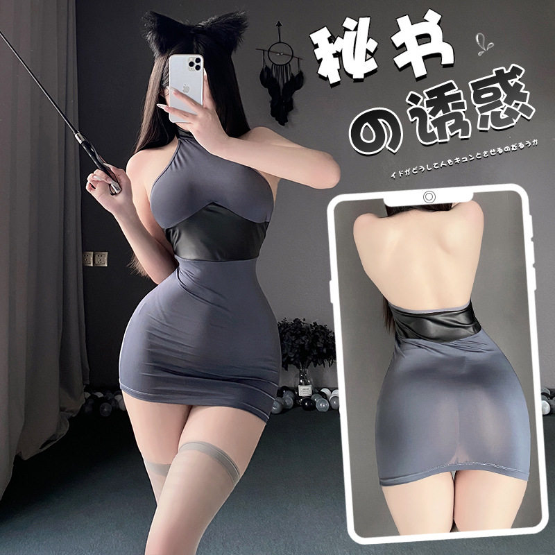 姬GILL紧身超短睡裙灰丝长筒丝滑酒吧夜店女秘书制服约会制服套装