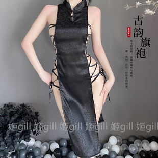 姬Gill：夏季性感黑色旗袍绑带高开叉露腰镂空复古立领盘扣睡裙