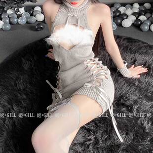 姬GILL:恶魔大人 新款深V高领镂空绑带针织毛衣性感露背低胸睡衣