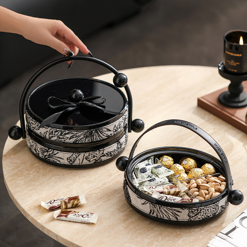 漫时光中古风手提果篮旋转陶瓷水果盘客厅茶几家用干果零食摆放盘