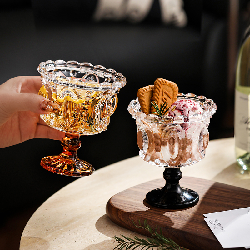 漫时光法式中古风高脚玻璃雪糕杯女高颜值冰淇淋甜品杯轻奢高级感