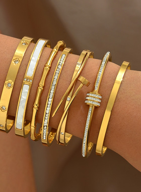 跨境不锈钢金色手镯套装镶钻钉子高级感四叶草手镯gold bangles
