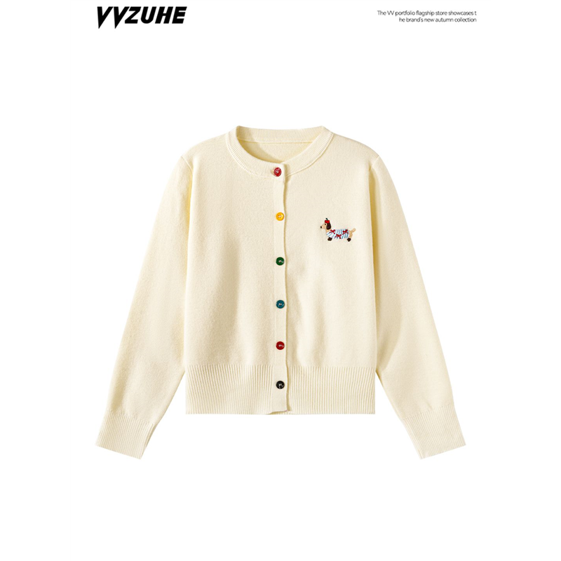 morning bloom韩系小狗刺绣毛衣外套女秋季宽松针织毛织开衫上衣