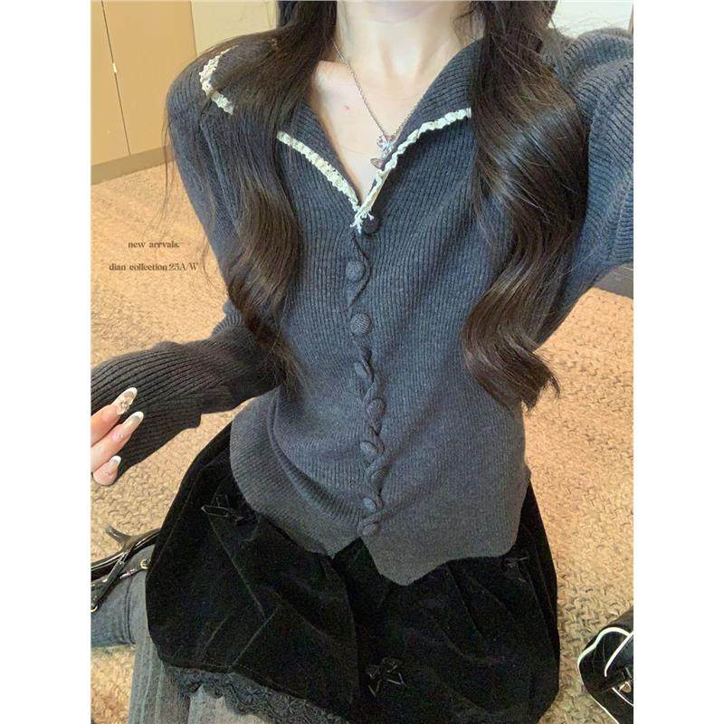 法式温柔风木耳边翻领纽扣长袖针织衫上衣女秋冬显瘦修身内搭毛衣