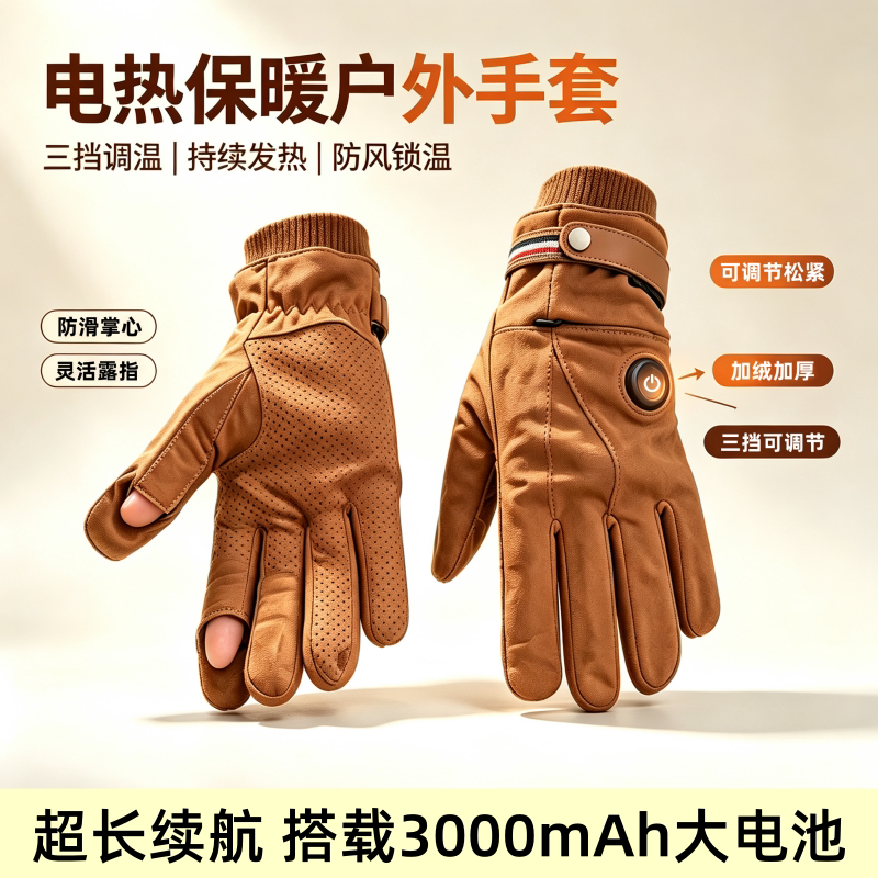 冬季加热触屏保暖手套男女加绒防滑触屏骑行户外USB加热防寒手套