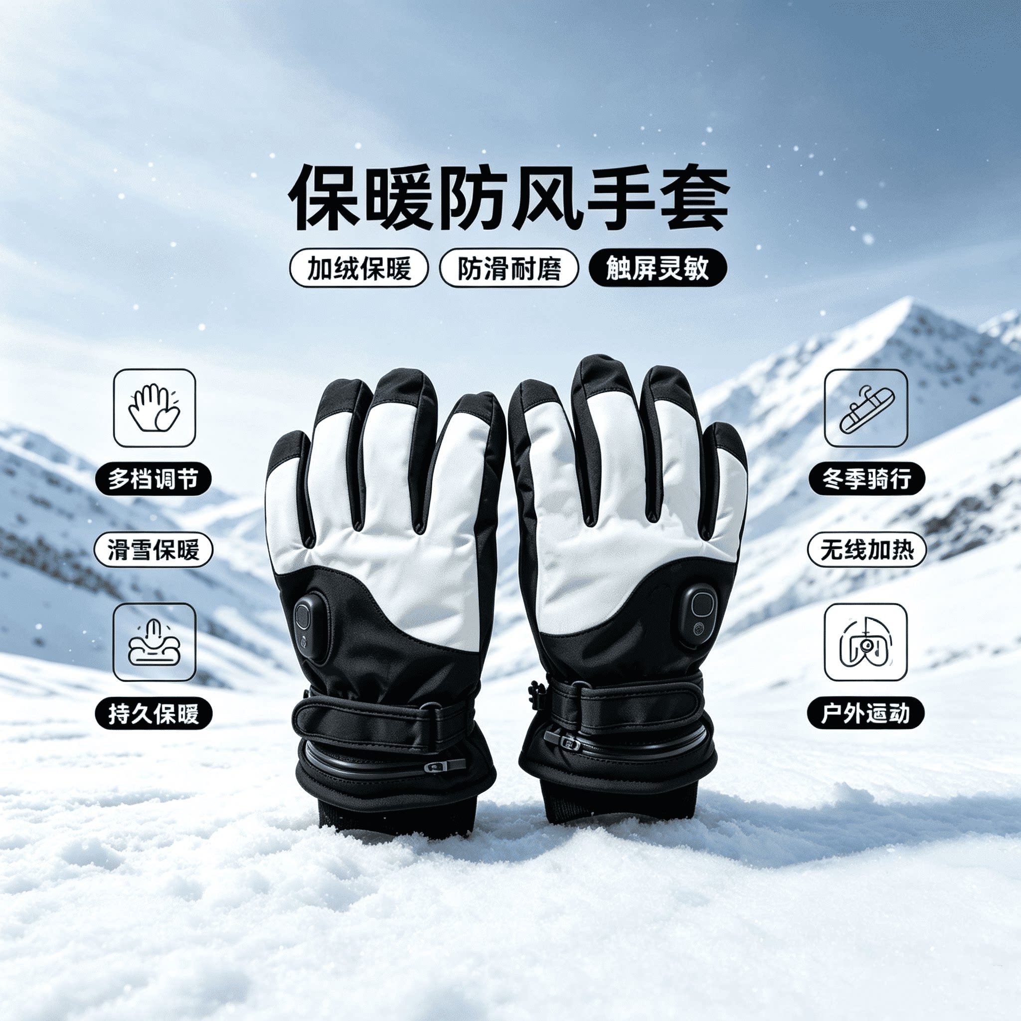 新款保暖加热防风手套滑雪骑行加绒加厚防水触屏户外运动手套