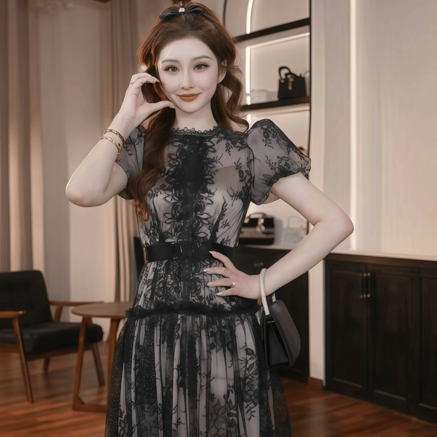 21851 夏季黑色蕾丝连衣裙礼服裙女人味显瘦性感长裙泡泡袖高腰中