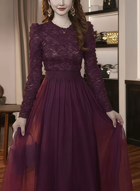 15633 轻奢蕾丝漂亮紫色长裙掐腰连衣裙拼接气质高腰宴会A字裙子
