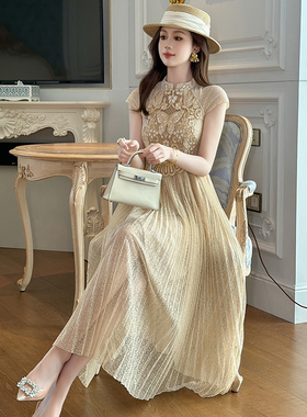 9880新款女装连衣裙蕾丝气质法式复古小众设计感大摆裙百褶裙