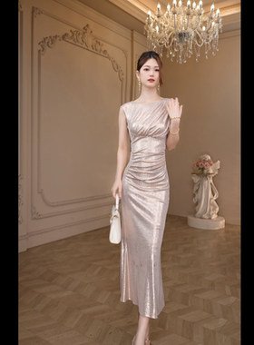 83058原创玫瑰金贵气闪闪显瘦气质时尚法式修身收腰连衣裙