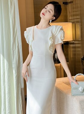 9830高级感优雅气质连衣裙女装夏季法式设计感立体花瓣袖轻奢礼服