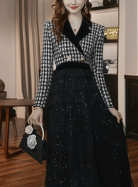 65581 秋冬氛围感黑色连衣裙长袖收腰显瘦高级感御姐气质礼服长裙