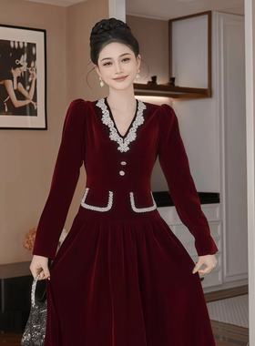 61355 千金风亮钻丝绒连衣裙女高级感气质A字版礼服裙