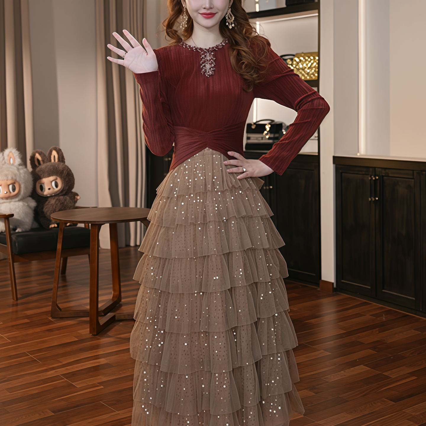 45413 设计师新款新年配色高贵轻奢拼接蛋糕裙连衣裙气质时尚礼服