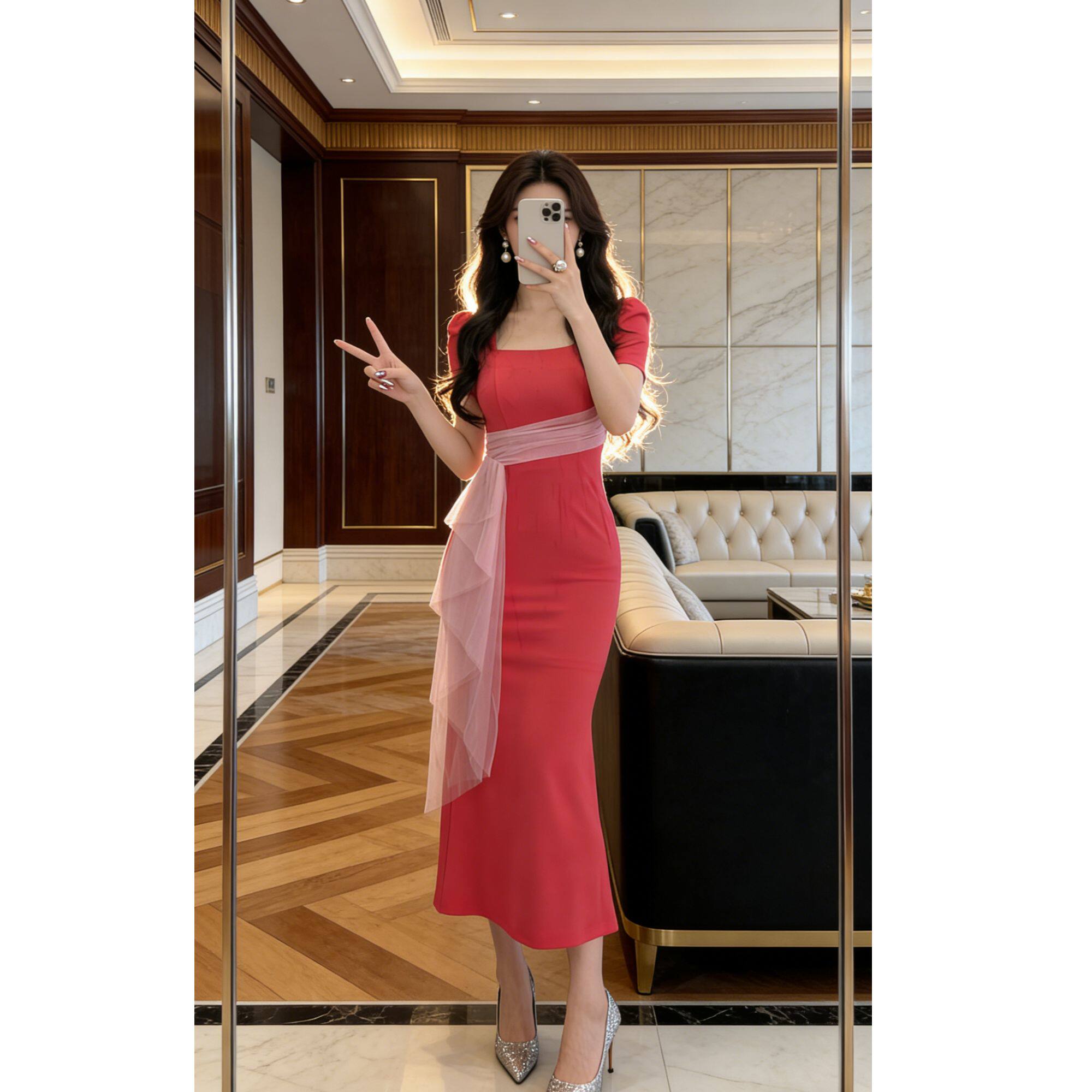 83050女人味包臀玫红色中长裙法式减龄收腰时尚名媛鱼尾连衣裙