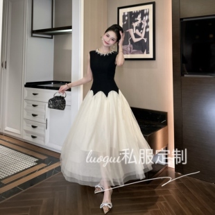 名媛优雅拼接显瘦气质复古法式 轻奢长款 连衣裙9010 花花原创