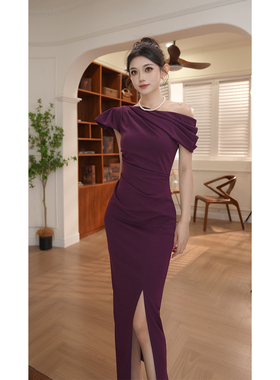 31398香见欢轻奢定制·时尚复古开叉斜肩修身优雅斜肩礼服连衣裙