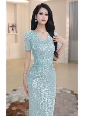 21683女人味中长包臀裙设计感亮片礼服修身显瘦优雅宴会连衣裙