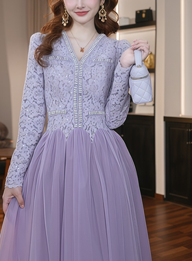 45470 新款V领法式夏季显瘦轻熟风拼接气质连衣裙A字裙高级感名媛