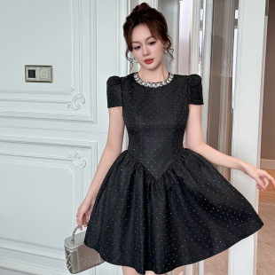 2025夏季 千金风MIU系收腰蓬蓬连衣裙黑色a字小礼服裙女21655 新款