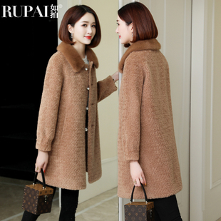 海宁皮草新款领颗粒羊剪绒大衣女中长款复合皮毛一体外套水貂毛