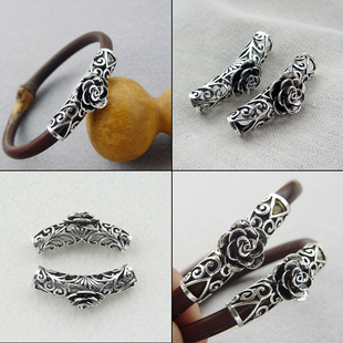 鸡血藤手镯配件藏银镂空大玫瑰花弯管DIY金刚藤饰品包银套管材料