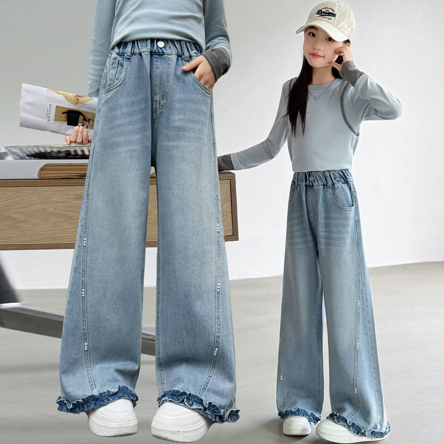 女童春秋裤子外穿2026新款中大童韩版宽松牛仔裤女孩春季阔腿裤潮