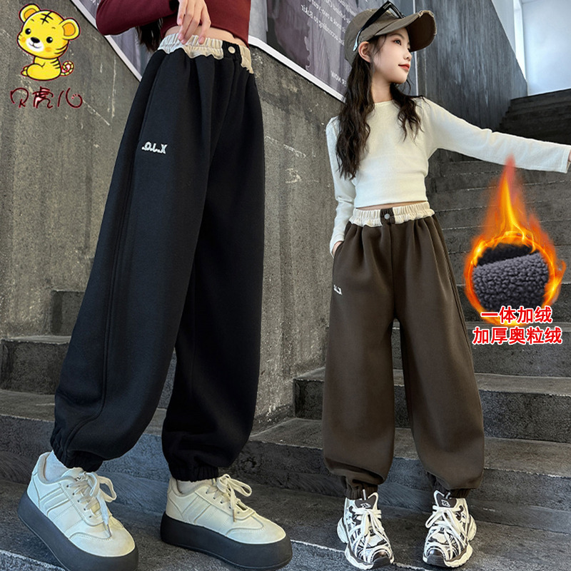 女童加绒裤子秋冬中大童运动裤