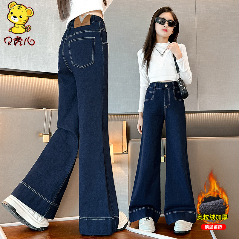 女童加绒裤子秋冬中大童牛仔裤