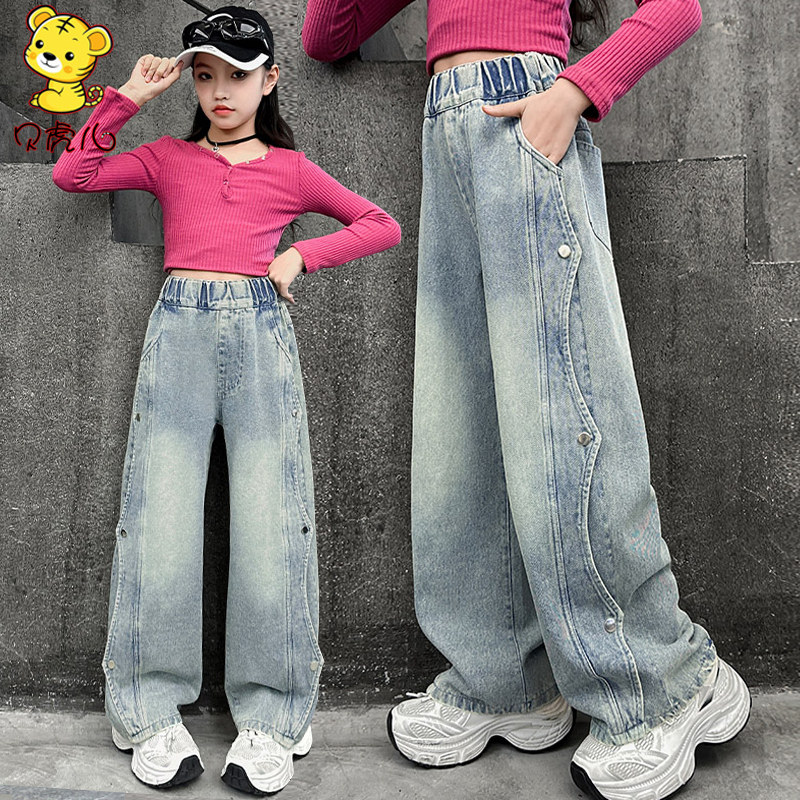 女童加绒裤子中大童牛仔布阔腿裤