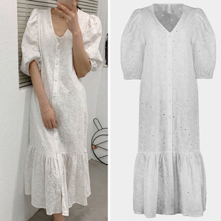 歐美民族風全棉刺繡鏤空荷葉邊長款 夏 連衣裙外貿(mào)原單女大碼 燈籠袖