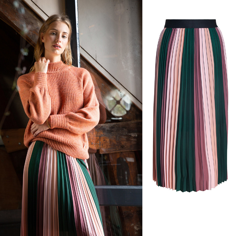 欧美轻奢撞色百褶半身裙大码春秋