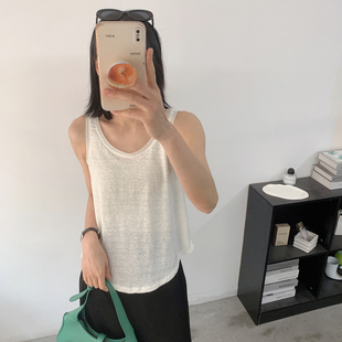 欧美100%针织亚麻圆领宽松蕾丝边休闲背心吊带外贸原单女装夏凉爽