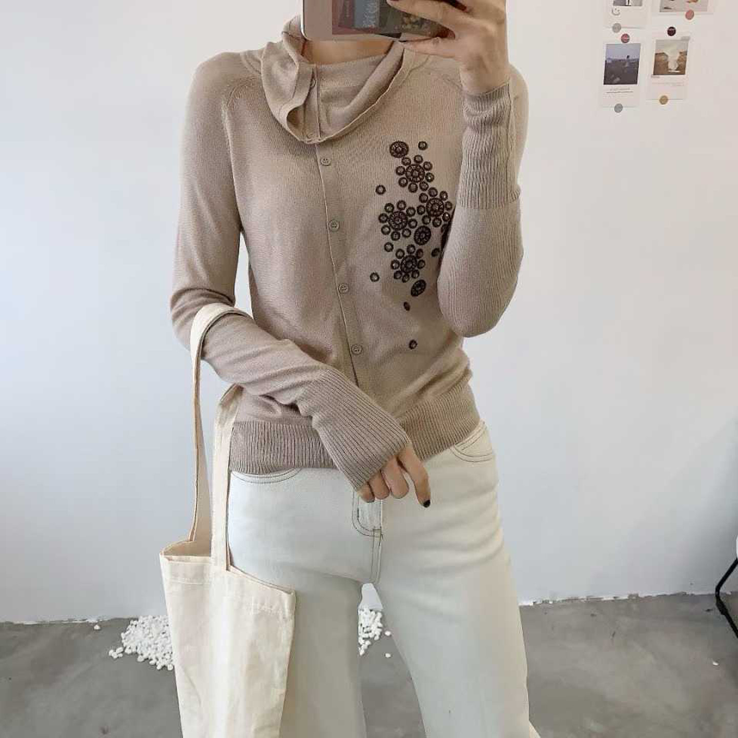 荡领手工钉珠刺绣套头薄款细羊毛混纺舒适显瘦针织衫原单女装春秋