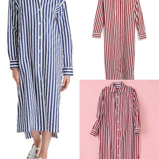 欧美轻奢条纹长袖翻领宽松大码通勤职业OL风休闲衬衫裙