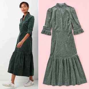 欧美小众97%棉重磅灯芯绒V领复古连衣裙长裙外贸原单女装春夏新款