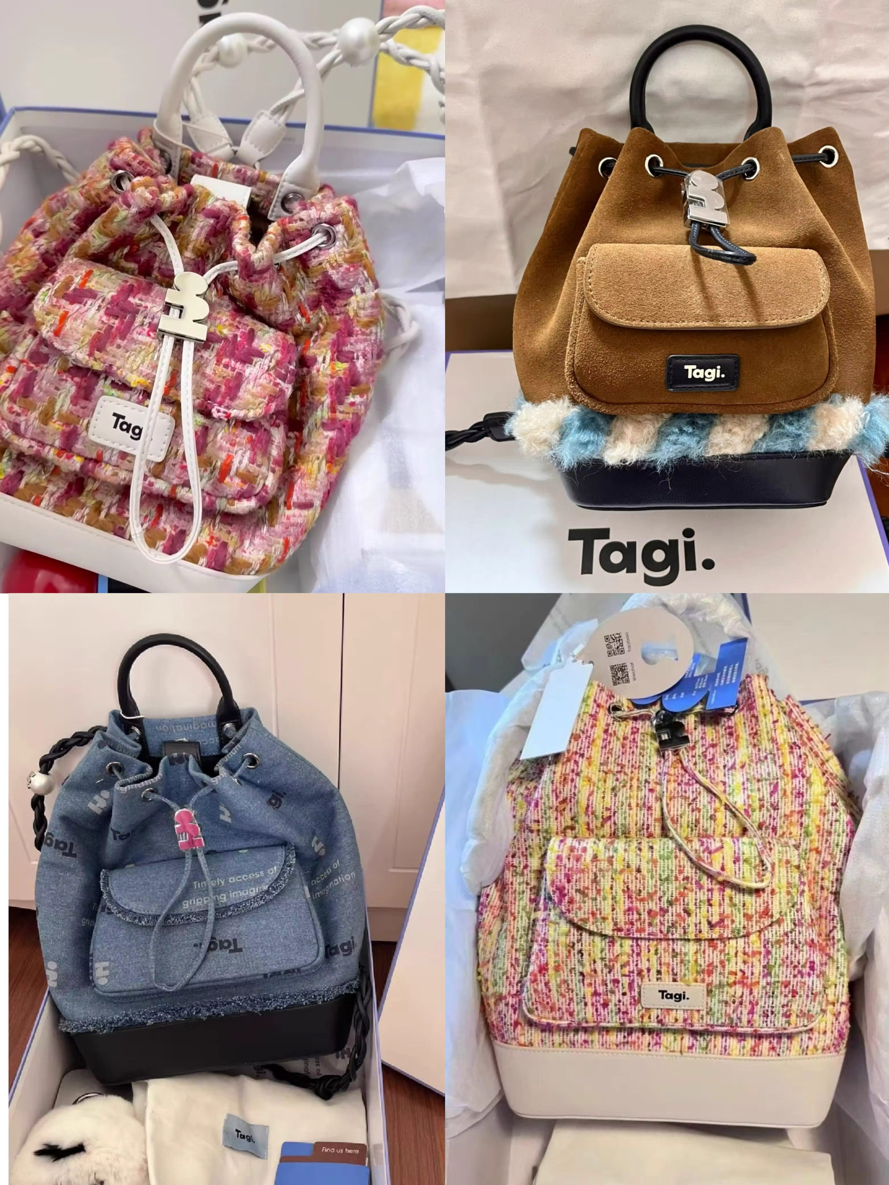 Tagi双肩包Mark包珍珠水桶抽绳束口迷你袋子双肩包编织拼牛皮包图片